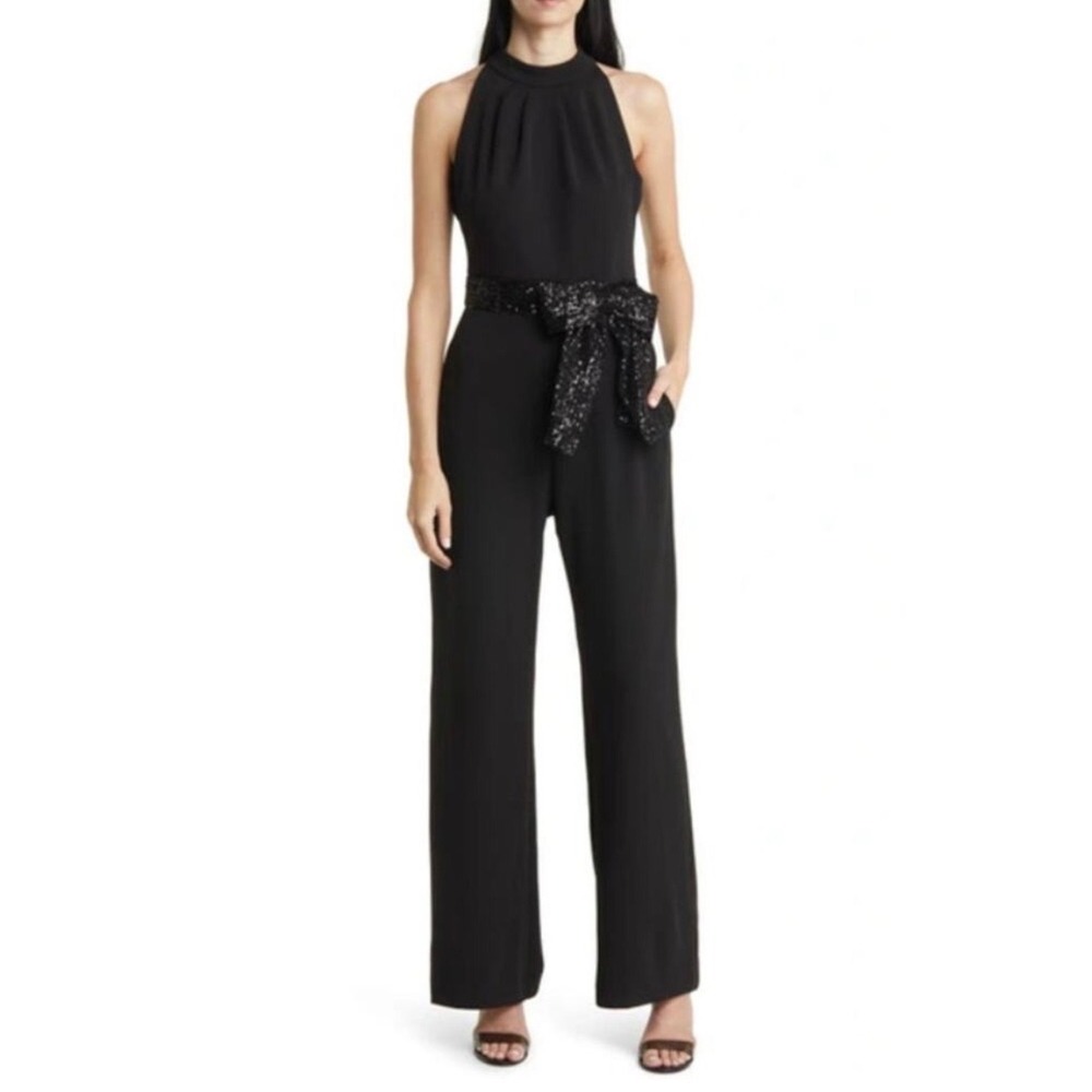 Eliza J Sequin Bow Detail Sleeveless Jumpsuit In Black Size 12 Halter Neck